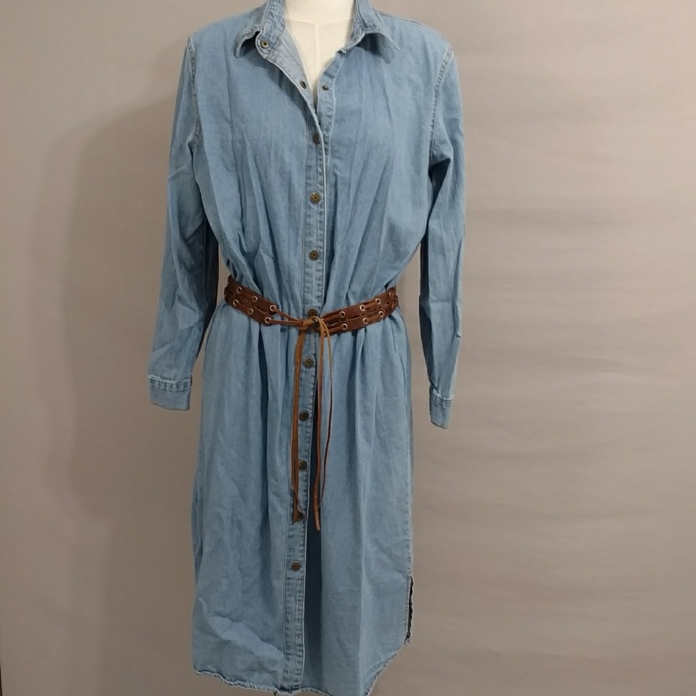 Denim Coat Dress Brass Snaps 100% Cotton Blue Jean Long Jacket Versatile Classic - Picture 2 of 8